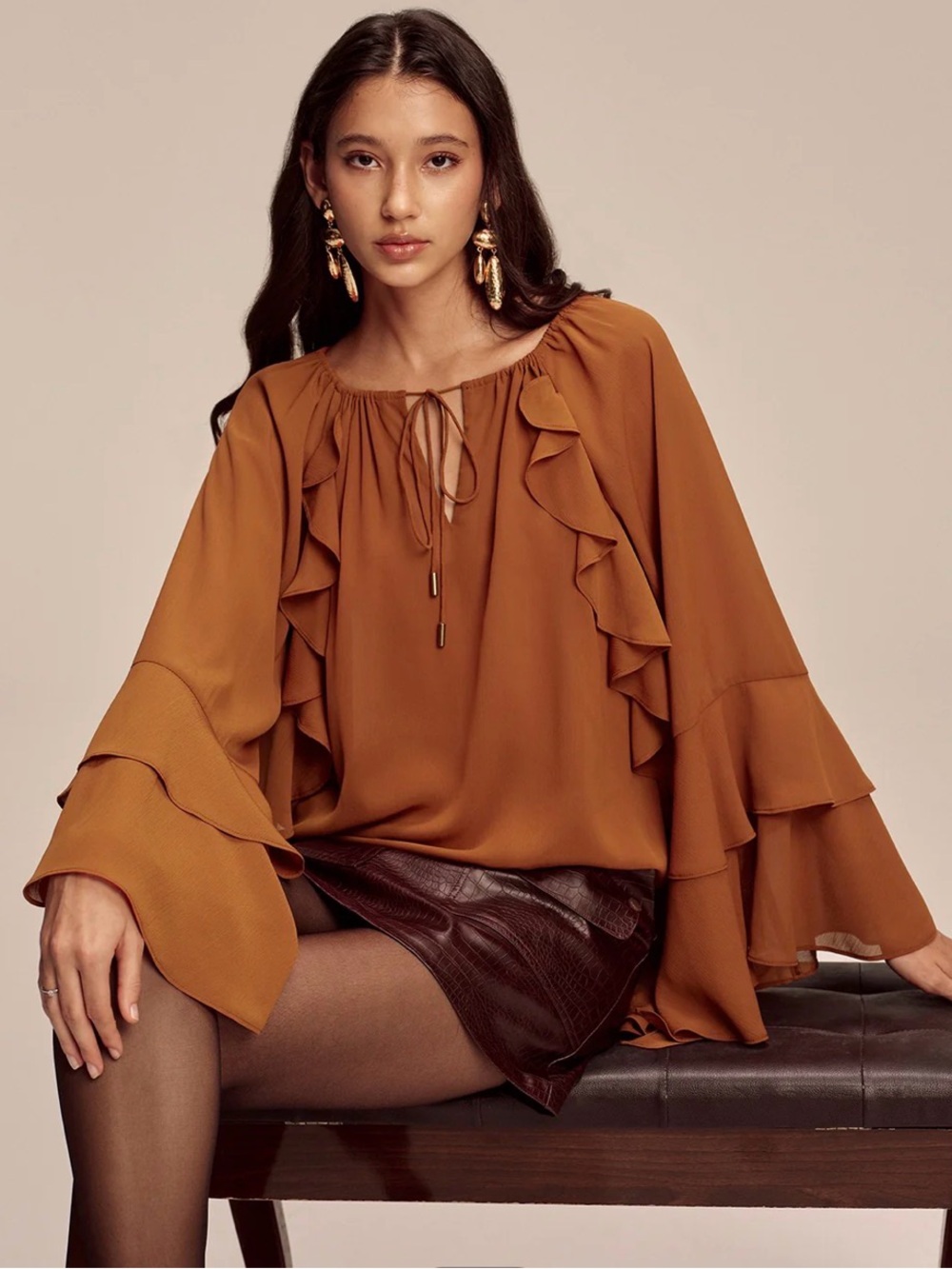 NWT Commense Chiffon Ruffled Tie-Neck Tiered Blouse